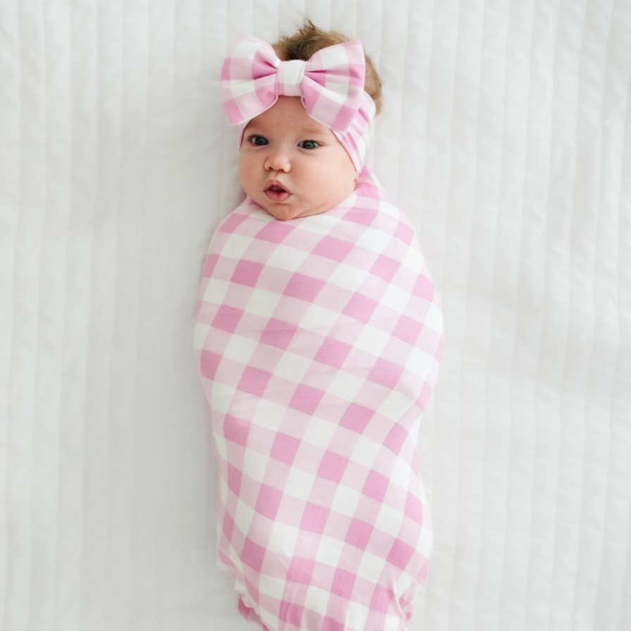 Sleep Little Sleepies Layette | Pink Gingham Swaddle & Luxe Bow Headband Set Main Section