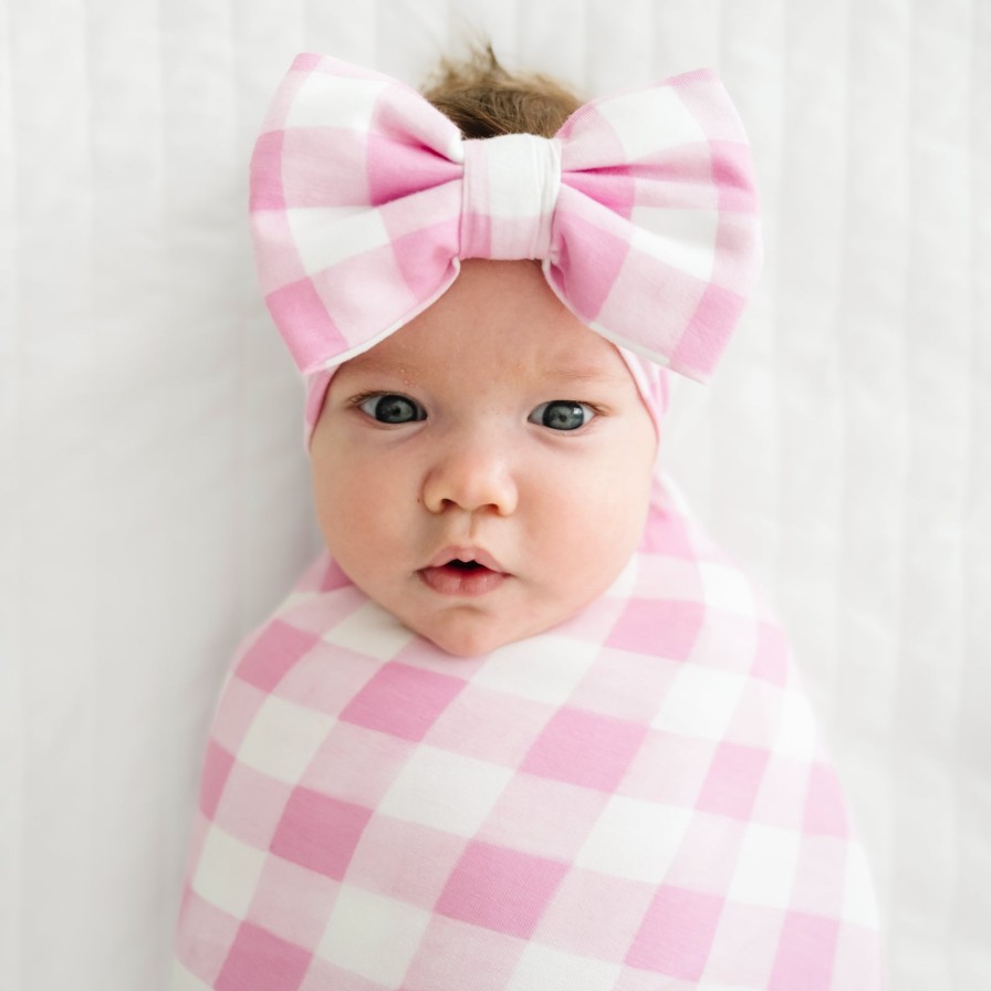 Sleep Little Sleepies Layette | Pink Gingham Swaddle & Luxe Bow Headband Set Main Section