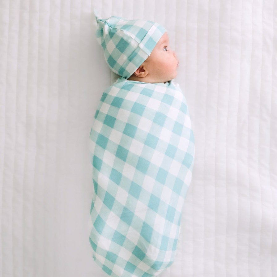 Sleep Little Sleepies Layette | Aqua Gingham Swaddle & Hat Set Main Section