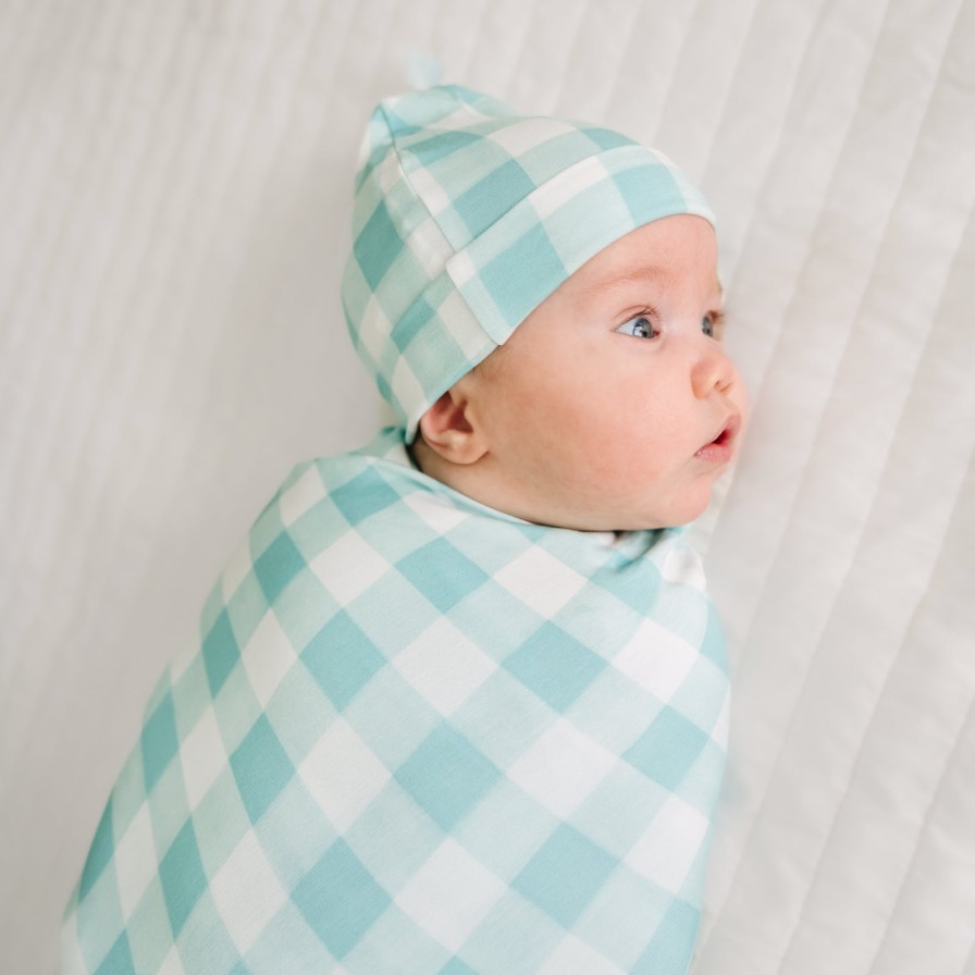 Sleep Little Sleepies Layette | Aqua Gingham Swaddle & Hat Set Main Section