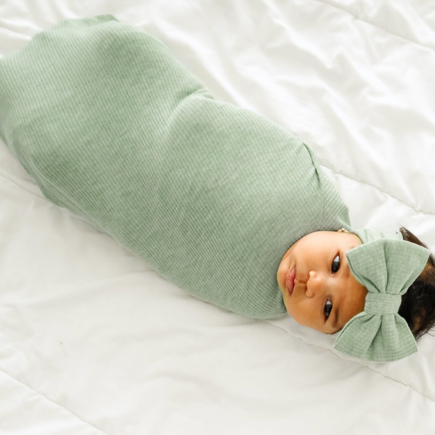 Sleep Little Sleepies Layette | Heather Sage Ribbed Swaddle & Luxe Bow Headband Set Main Section