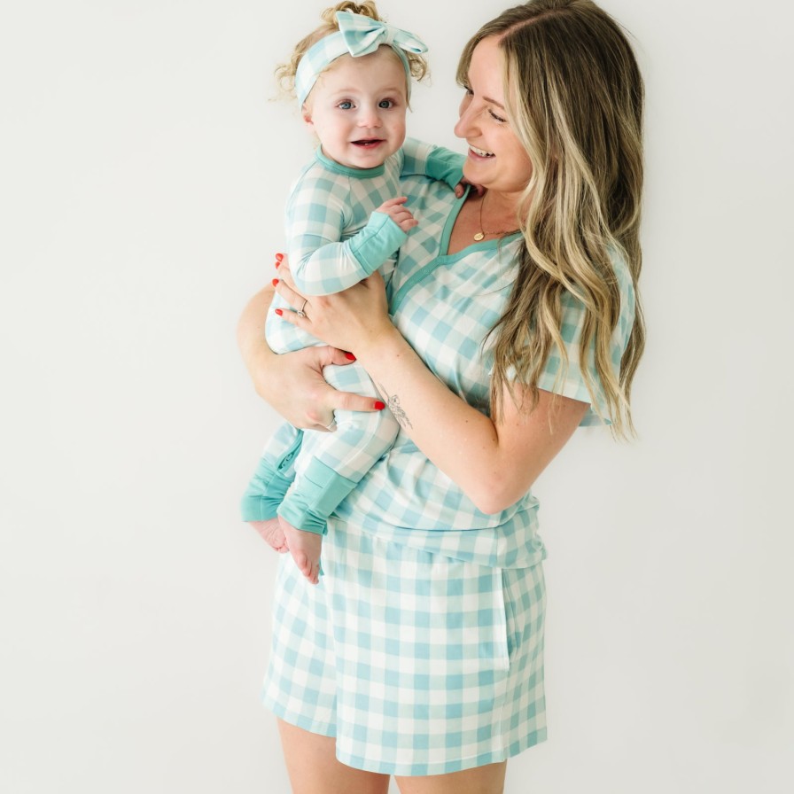 Adult Little Sleepies Women'S Pajamas | Aqua Gingham Women'S Pajama Shorts Main Section