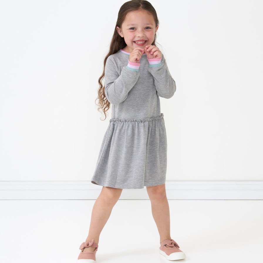 Play Little Sleepies Dresses | Heather Gray W/ Stripped Tipping Long Sleeve Drop Waist Dress Main Section