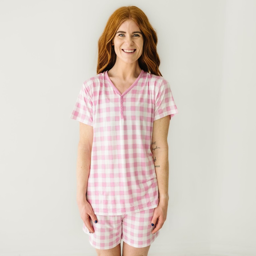 Adult Little Sleepies Women'S Pajamas | Pink Gingham Women'S Short Sleeve Pajama Top Main Section