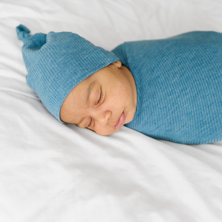 Sleep Little Sleepies Layette | Heather Blue Ribbed Swaddle & Hat Set Main Section