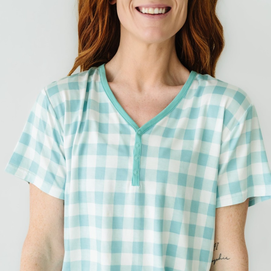 Adult Little Sleepies Women'S Pajamas | Aqua Gingham Women'S Short Sleeve Pajama Top Main Section