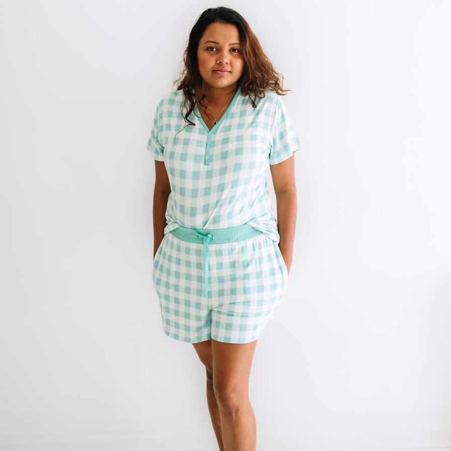 Adult Little Sleepies Women'S Pajamas | Aqua Gingham Women'S Short Sleeve Pajama Top Main Section