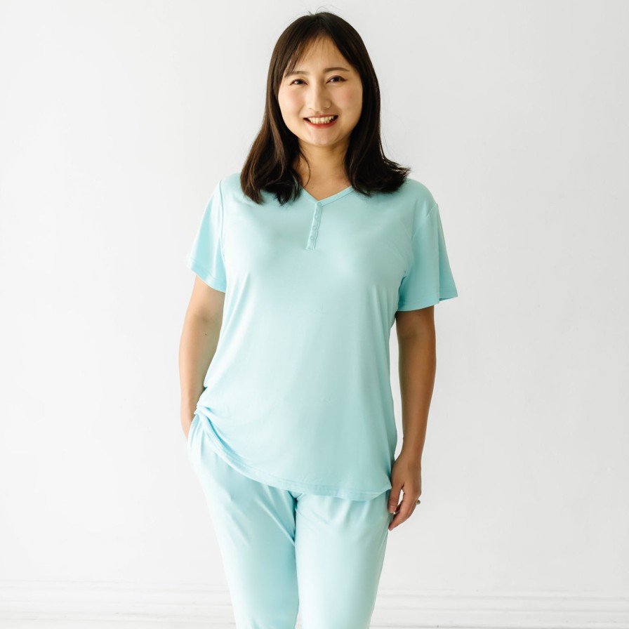 Adult Little Sleepies Women'S Pajamas | Aquamarine Women'S Short Sleeve Bamboo Viscose Pajama Top Main Section